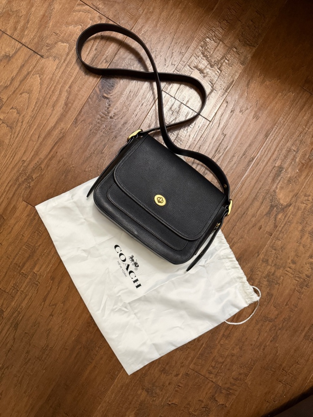Coach Black Pebbled Leather Turn-Lock Crossbody with Gold Hardware